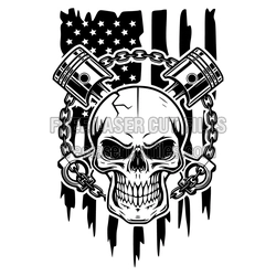American Flag Skull with Pistons Laser Cut Design