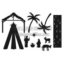 Nativity Scene Laser Cut Set with Stable and Palm Trees