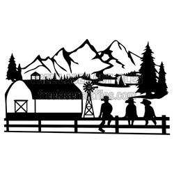 Cowboy Farm Mountain Scene Laser Cut Design