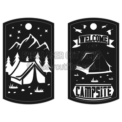 Camping Welcome Sign with Tent and Mountain Scene