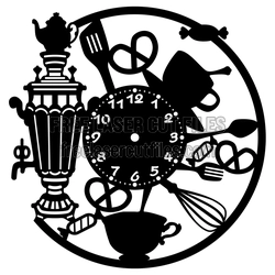 Kitchen Wall Clock with Tea and Baking Motif, Laser Cut File