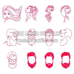Set of Fashion Faces and Bearded Man Profiles, Laser Ready