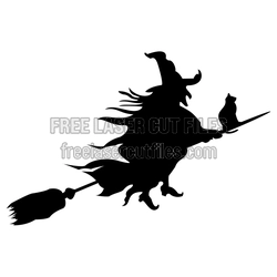 Halloween Witch and Cat on Broomstick Laser Cut File