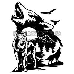 Wolf and Mountain Scene Clipart for Laser Cutting