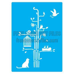 Bird Tree Stencil with Cat, Birds, and Cage Design