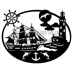 Nautical Lighthouse and Ship Scene Laser Cut File
