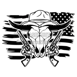 Western Cowboy Skull with American Flag and Revolvers